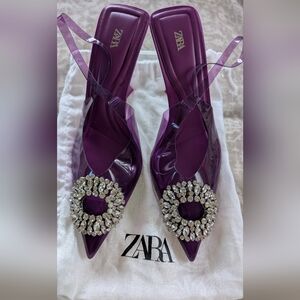 Zara Purple Crystal-Embellished Pointed Slingback Heels